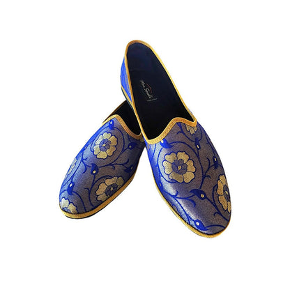 Sangeet Royal Womens Royal Blue Silk Jacquard Embroidered Slip On by Mar Soreli – Don't Panic Shoes