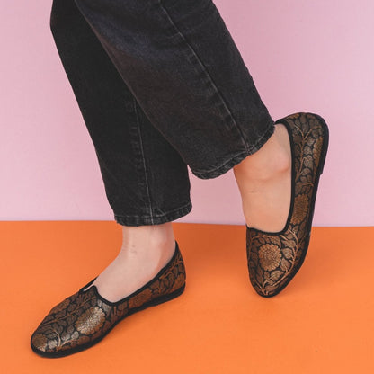 Sapna Friulana Silk Jacquard Ballet Flat Women’S Black Gold Slip On by Mar Soreli – Don't Panic Shoes