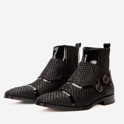 The Orion Black Snakeskin Pattern Leather Double Monk Strap Men Boot