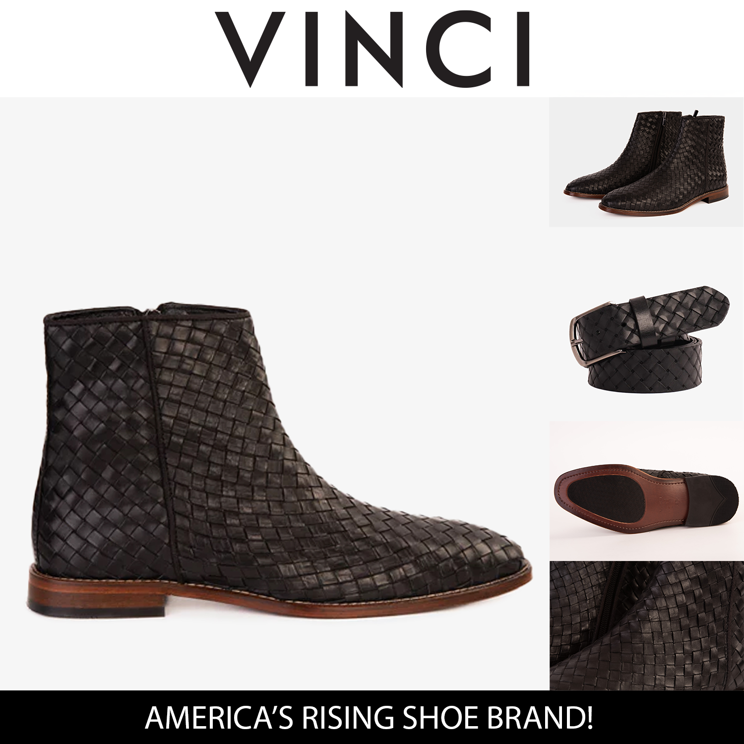 The Wellington Black Handwoven Leather Men Boot with a Zipper