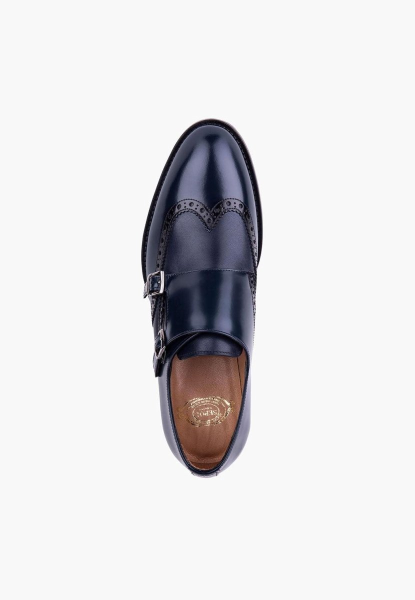 Stunner Double Monk Navy Leather Wingtip Handcrafted Men Shoes by Sepol Shoes – Don't Panic Shoes