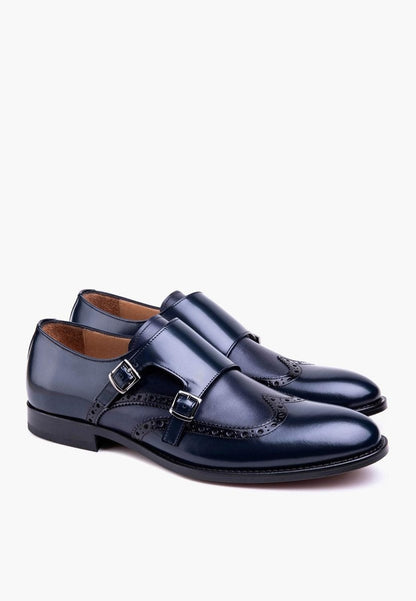 Stunner Double Monk Navy Leather Wingtip Handcrafted Men Shoes by Sepol Shoes – Don't Panic Shoes