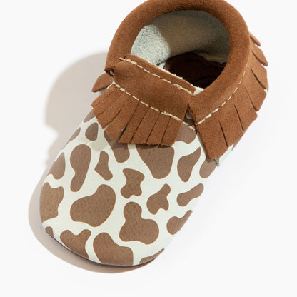 Suede Cow Print Moccasin Baby Shoe Moccasin by Freshly Picked – Don't Panic Shoes