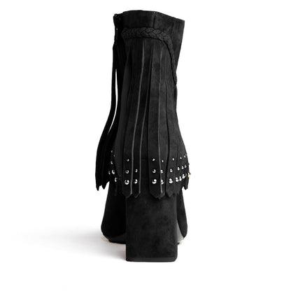 Tal Ankle Suede Fringe Bootie Women’S Black Suede Block Heel Boots by Beautiisoles – Don't Panic Shoes