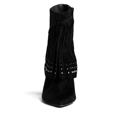 Tal Ankle Suede Fringe Bootie Women’S Black Suede Block Heel Boots by Beautiisoles – Don't Panic Shoes