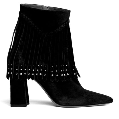 Tal Ankle Suede Fringe Bootie Women’S Black Suede Block Heel Boots by Beautiisoles – Don't Panic Shoes