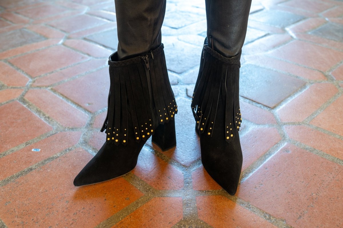 Tal Ankle Suede Fringe Bootie Women’S Black Suede Block Heel Boots by Beautiisoles – Don't Panic Shoes