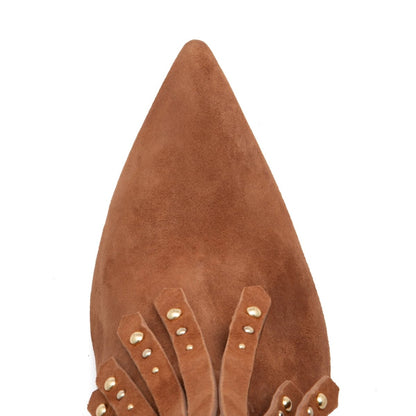 Tal Ankle Suede Fringe Bootie Women’S Brown Suede 76mm Heel Boots by Beautiisoles – Don't Panic Shoes