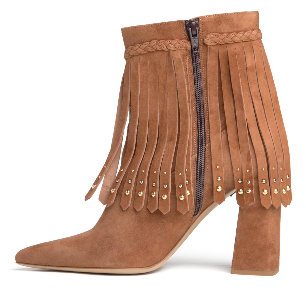 Tal Ankle Suede Fringe Bootie Women’S Brown Suede 76mm Heel Boots by Beautiisoles – Don't Panic Shoes