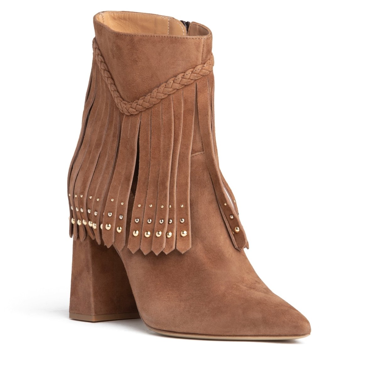 Tal Ankle Suede Fringe Bootie Women’S Brown Suede 76mm Heel Boots by Beautiisoles – Don't Panic Shoes