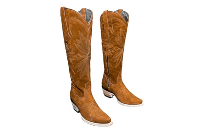 The Lorraine Knee - High Western Boots – Camel Suede by Stiefeld Boots – Don't Panic Shoes