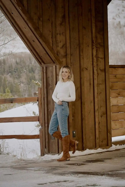 The Lorraine Knee - High Western Boots – Camel Suede by Stiefeld Boots – Don't Panic Shoes