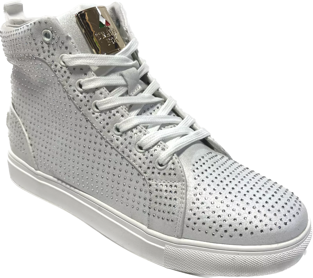 Travel Fox Men's White and Silver Rhinestone Nappa Leather High Top Sneakers 9210-07