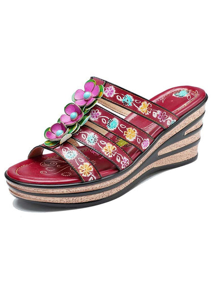 Triple Flowers Purle Wedge Slippers Sandals by Colorstepshoes – Don't Panic Shoes