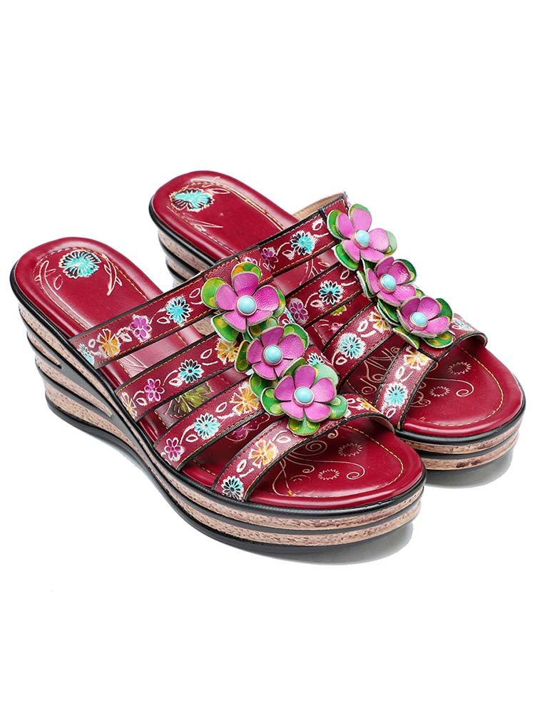 Triple Flowers Purle Wedge Slippers Sandals by Colorstepshoes – Don't Panic Shoes