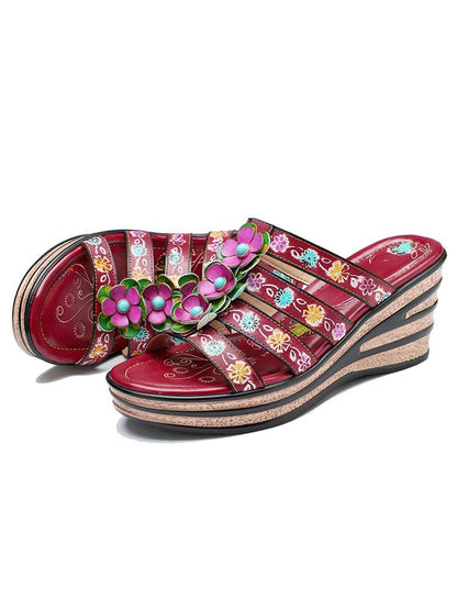 Triple Flowers Purle Wedge Slippers Sandals by Colorstepshoes – Don't Panic Shoes