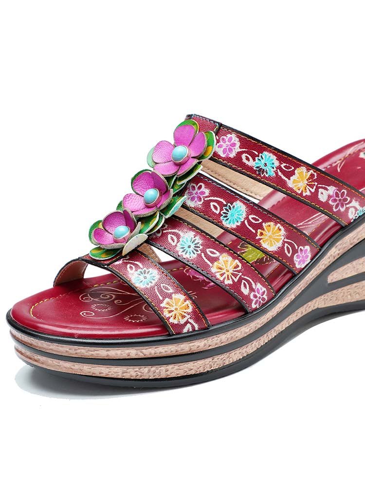 Triple Flowers Purle Wedge Slippers Sandals by Colorstepshoes – Don't Panic Shoes