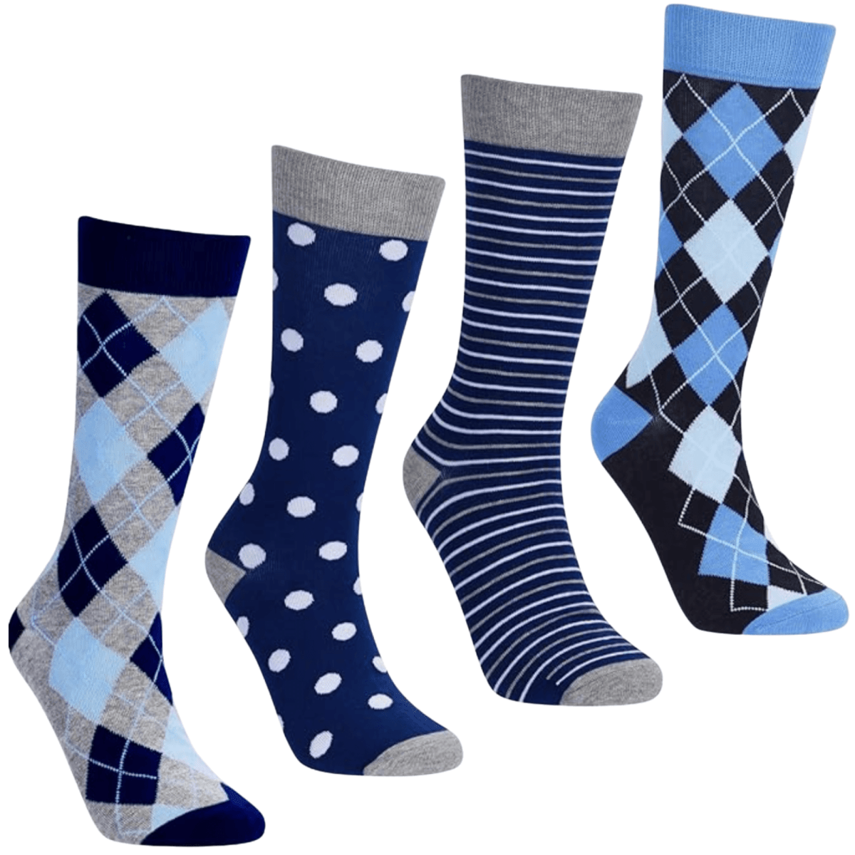 True Blue Sock Bundle 4 Pack Argyle Polka Dot Stripe Dress And Casual Socks Gift Set For Work And Weekend Socks by No Cold Feet – Don't Panic Shoes