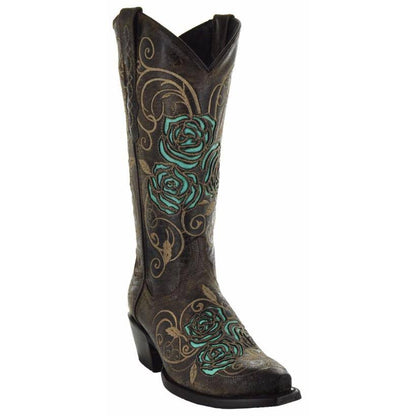 Turquoise Rose Inlayed Women's Cowgirl Boots (M50032) Cowgirl Boots by Soto Boots – Don't Panic Shoes