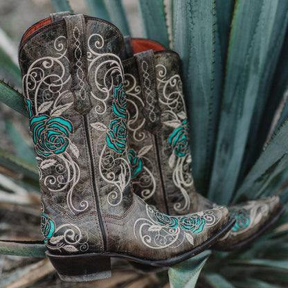 Turquoise Rose Inlayed Women's Cowgirl Boots (M50032) Cowgirl Boots by Soto Boots – Don't Panic Shoes