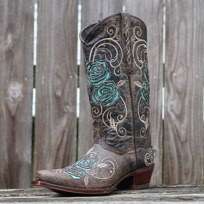 Turquoise Rose Inlayed Women's Cowgirl Boots (M50032) Cowgirl Boots by Soto Boots – Don't Panic Shoes
