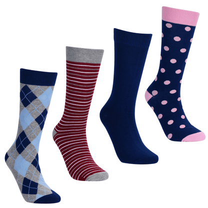 Varsity Prep Sock Bundle S 4 Pack Argyle Stripe Polka Dot Solid Navy Burgundy Blue Grey Socks by No Cold Feet – Don't Panic Shoes