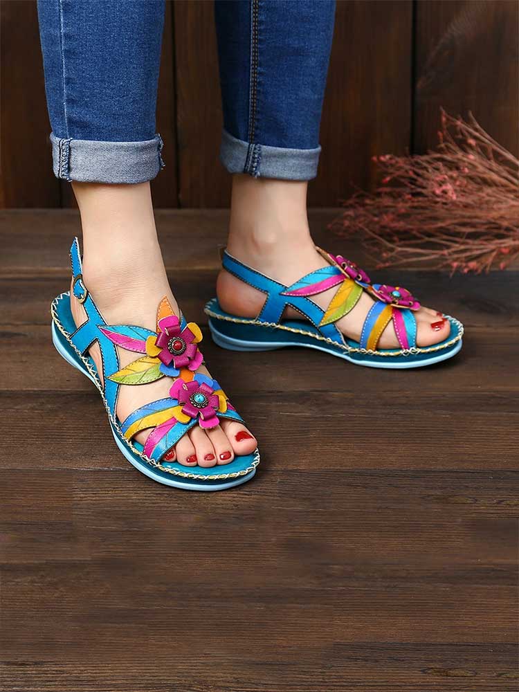 Vintage Embossing Flowers Leather Stitching Sandals Sandals by Colorstepshoes – Don't Panic Shoes
