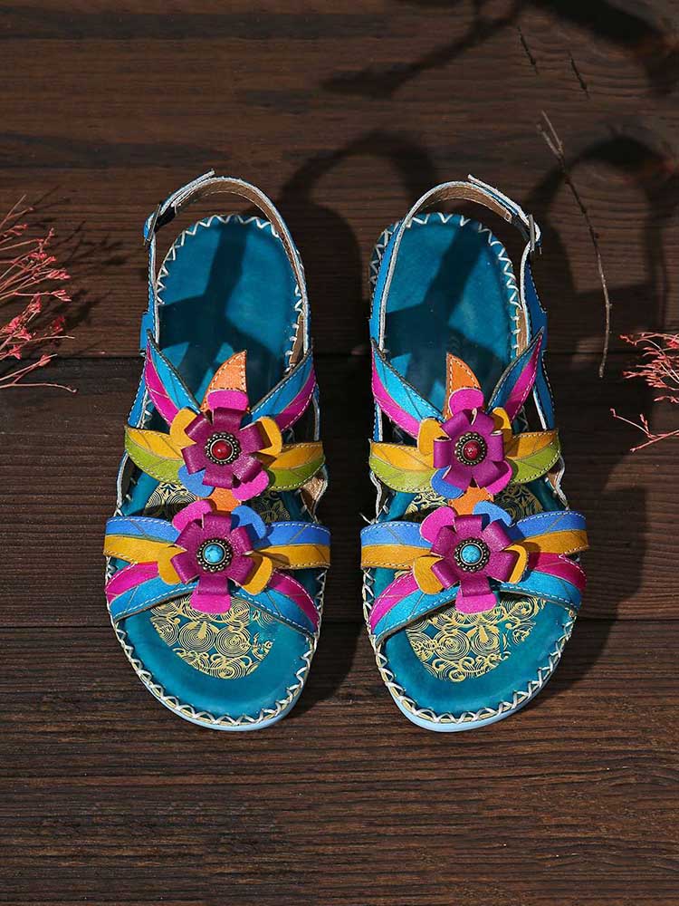 Vintage Embossing Flowers Leather Stitching Sandals Sandals by Colorstepshoes – Don't Panic Shoes