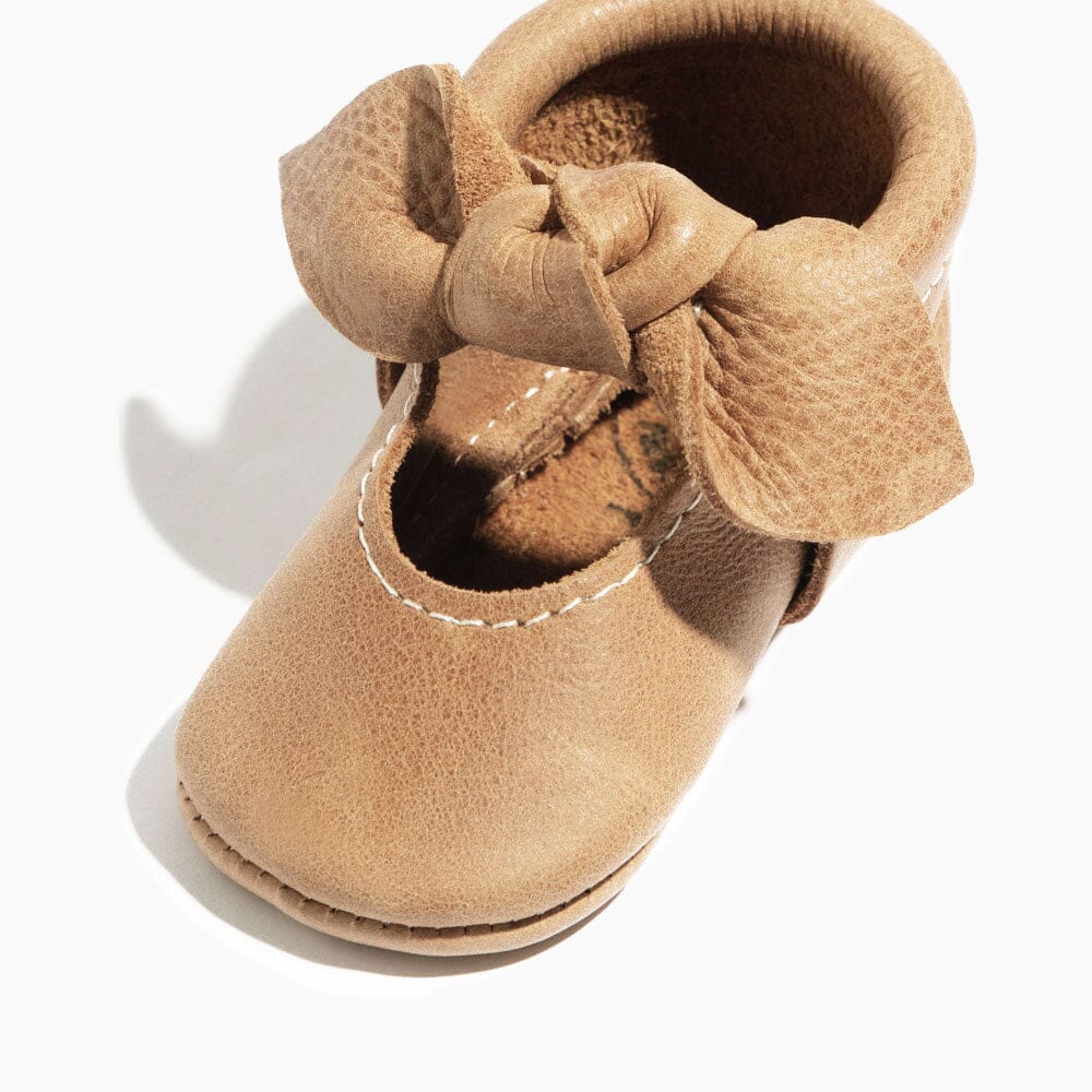 Weathered Brown Knotted Bow Baby Shoe Knotted Bow Mocc by Freshly Picked – Don't Panic Shoes