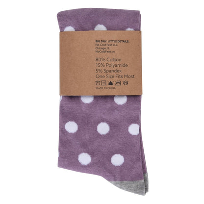 Wisteria Purple White Polka Dot Socks Patterned Crew Length Everyday Comfort Charming Gift Socks by No Cold Feet – Don't Panic Shoes