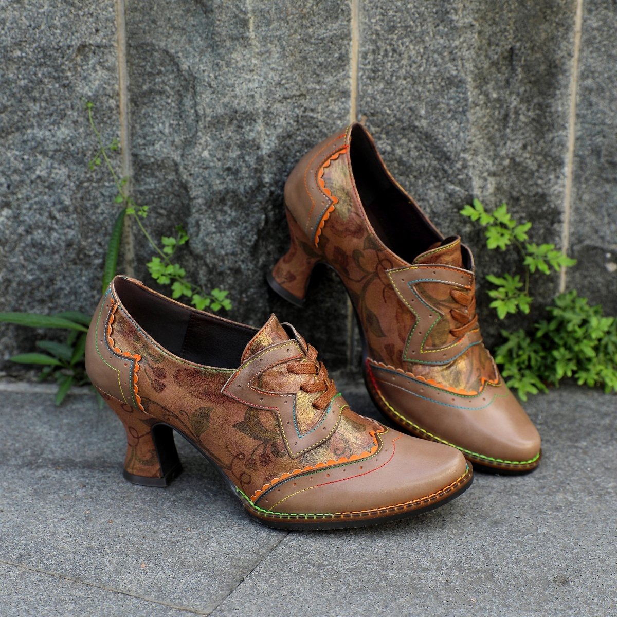 Women's Heels Handmade Shoes Vintage Wedding Party Floral Kitten Heel Round Toe Elegant Premium Leather Lace - Up Taupe Shoes Heels by Colorstepshoes – Don't Panic Shoes