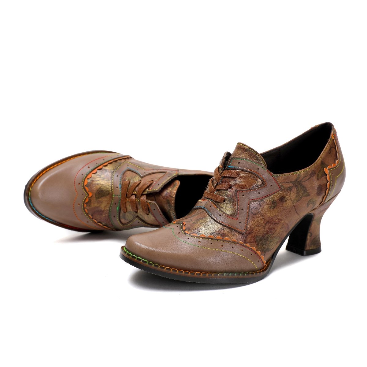 Women's Heels Handmade Shoes Vintage Wedding Party Floral Kitten Heel Round Toe Elegant Premium Leather Lace - Up Taupe Shoes Heels by Colorstepshoes – Don't Panic Shoes