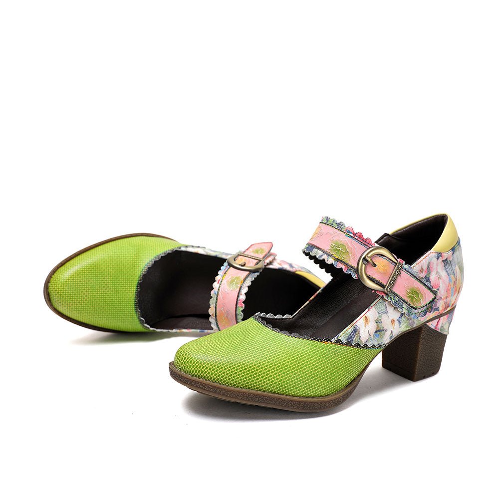 Women's Spring Heels Dress Shoes Party Round Toe Elegant Cowhide Loafer Green Pumps Pumps by Colorstepshoes – Don't Panic Shoes