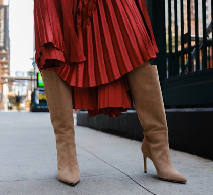 Yara Women's Suede Knee High Almond Toe Stiletto 4 Inch Heel Boots by Beautiisoles – Don't Panic Shoes