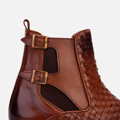 The Rolls Boot Woven Tan Leather Double Monk Strap Handmade Men Shoe