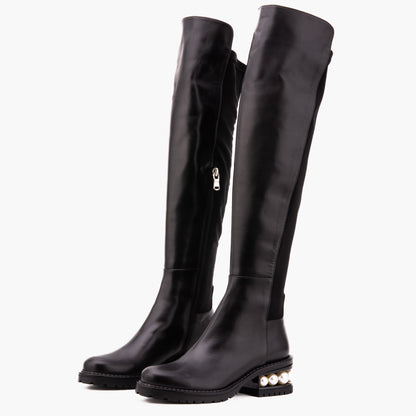 The Valeria Pearl Heel Knee-High Women Black Leather Boot