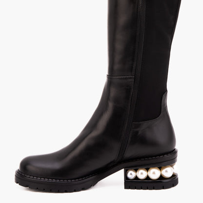 The Valeria Pearl Heel Knee-High Women Black Leather Boot