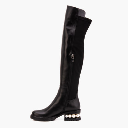 The Valeria Pearl Heel Knee-High Women Black Leather Boot