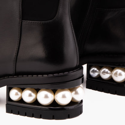 The Valeria Pearl Heel Knee-High Women Black Leather Boot