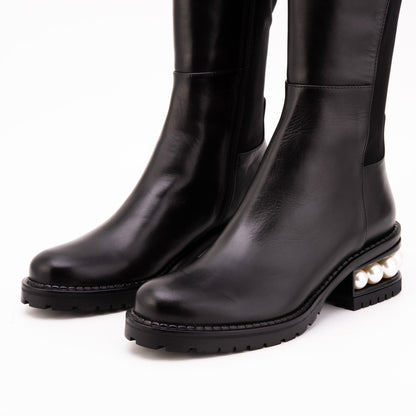 The Valeria Pearl Heel Knee-High Women Black Leather Boot