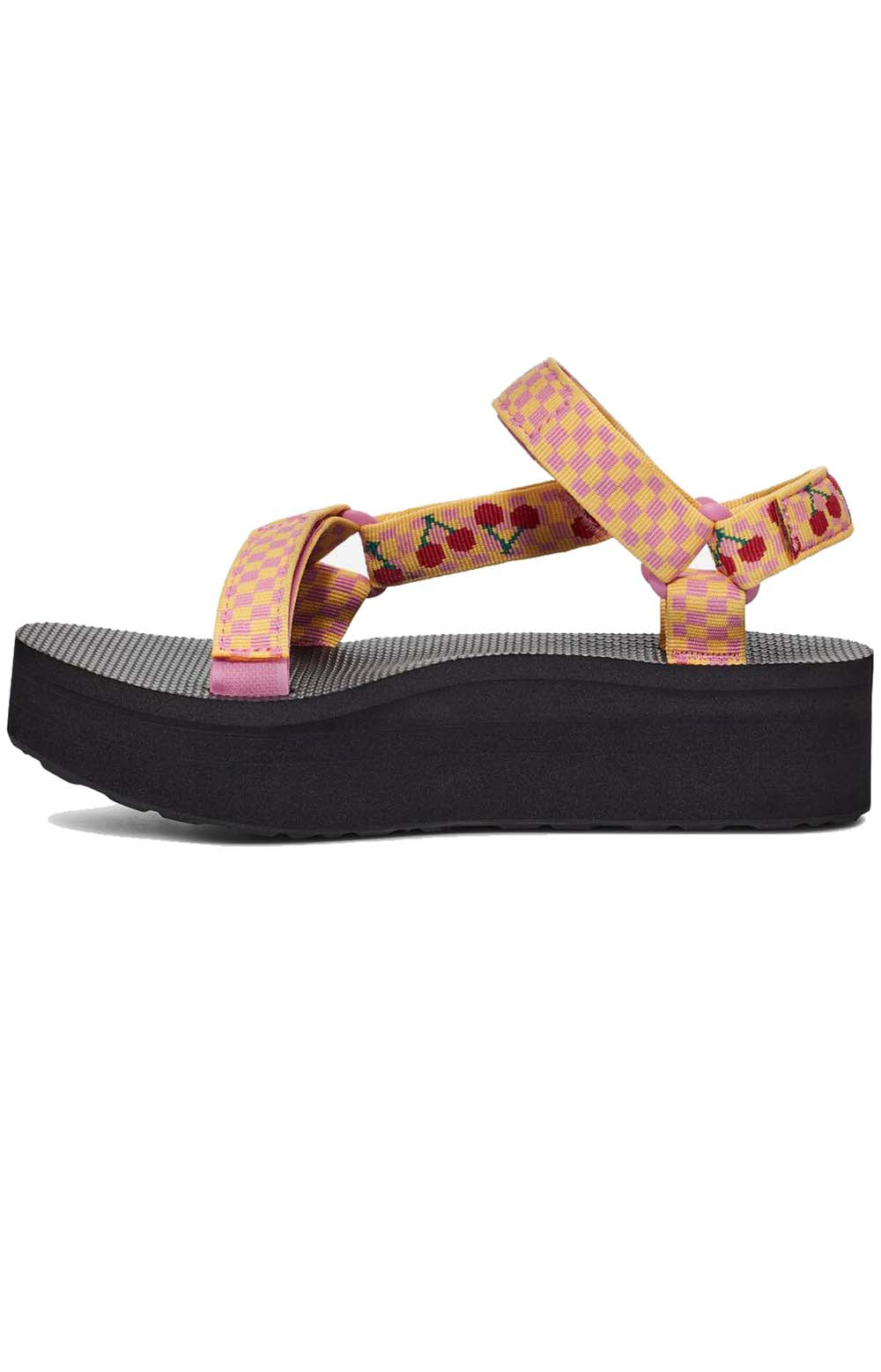 Fashionable and versatile universal flatform sandals with picnic cherries and rosebloom print