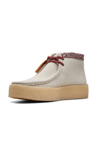 Thumbnail for A lifestyle shot of a model wearing the Clarks Originals Wallabee Cup Boots Men's White Interest Suede 26167977, showcasing its versatile style and comfortable fit