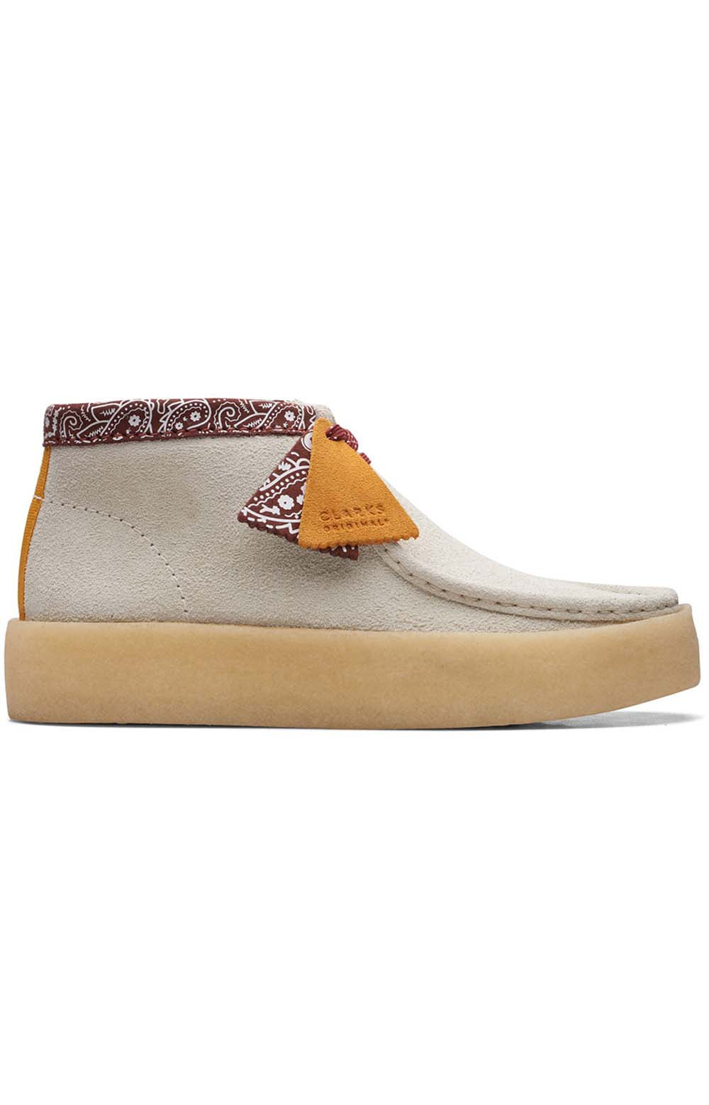 Clarks Originals Wallabee Cup Boots Men's White Interest Suede 26167977 in close-up, showing the intricate stitching and high-quality suede material