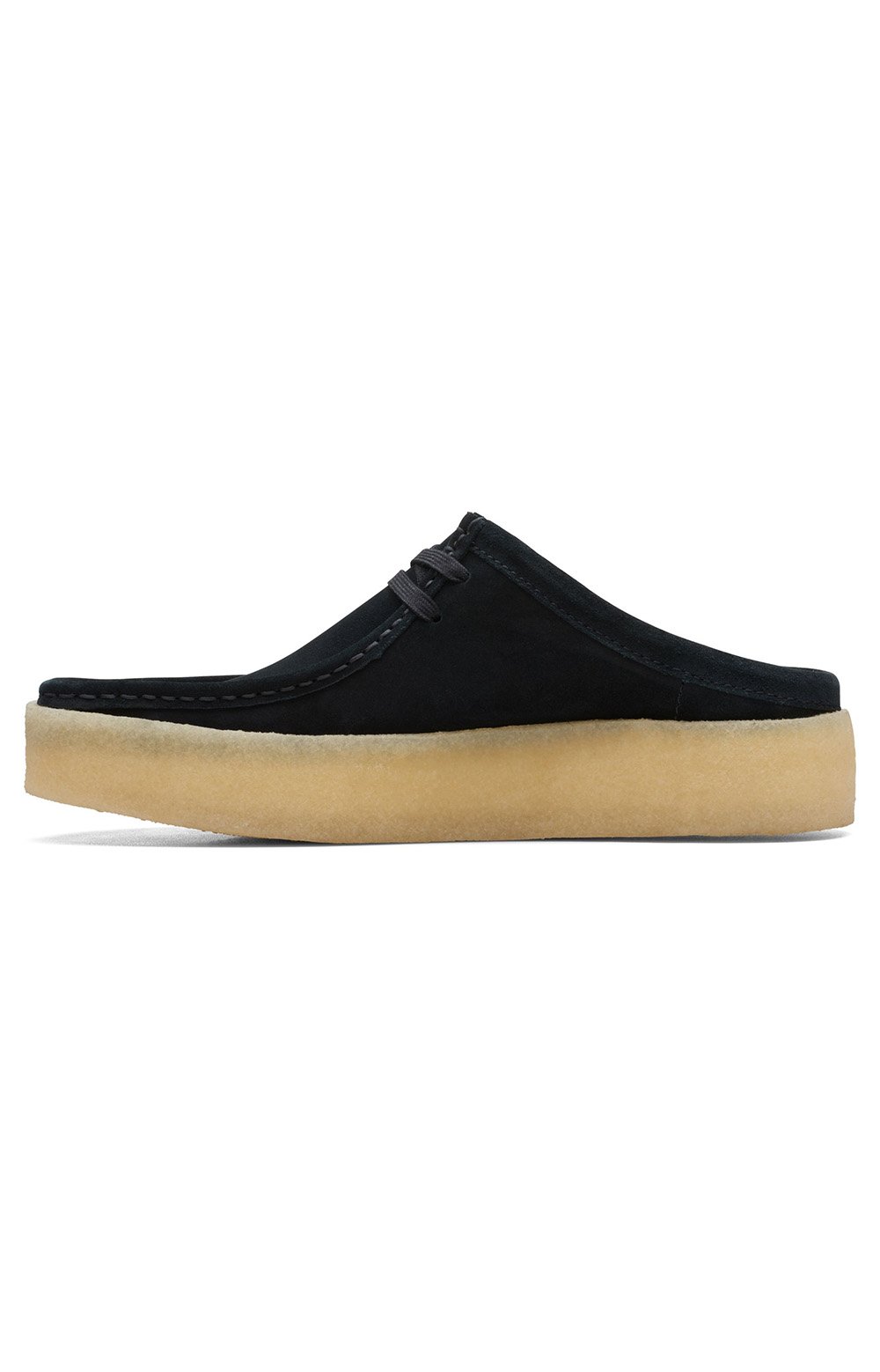 An overhead view of the Clarks Originals Wallabee Cup Low Men's Black Suede 26167285 shoes, highlighting their sleek silhouette and quality materials