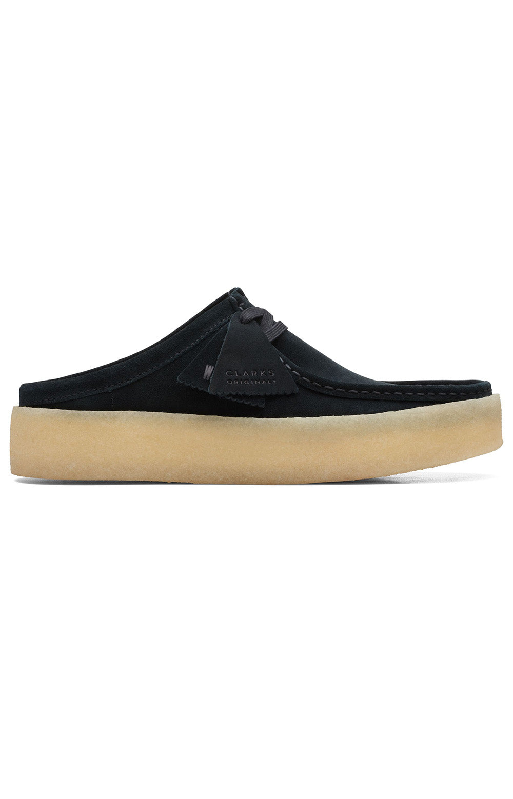 Clarks Originals Wallabee Cup Low Men's Black Suede 26167285 shoes on display in a modern urban setting