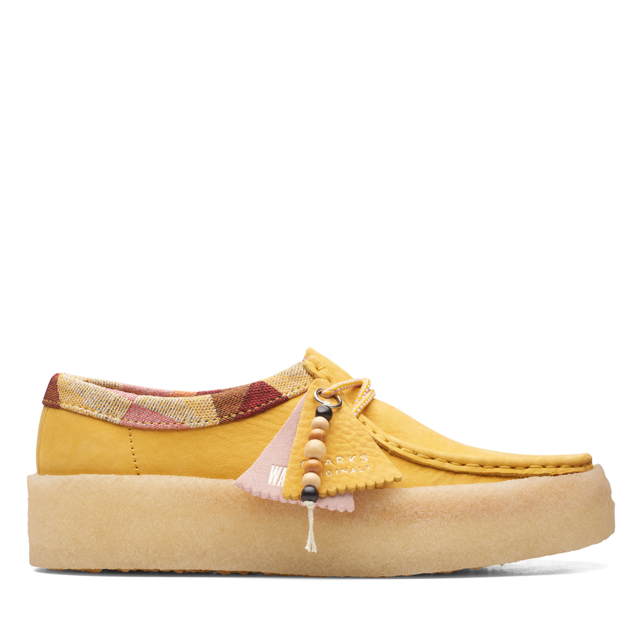 Clarks Women Wallabee Cup Shoes Yellow Nubuck side view on white background 