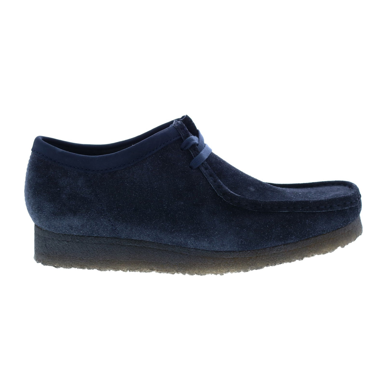 Blue suede Clarks Wallabee 26168854 men's oxfords and lace up casual shoes on white background