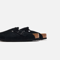 Thumbnail for Woman wearing Birkenstock Women's Boston Soft Footbed Suede Black clogs outdoors