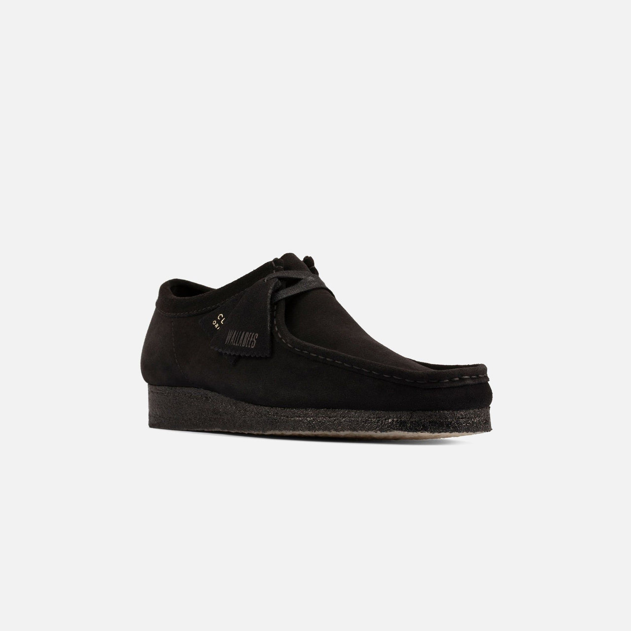 Close-up of durable and fashionable Clarks Originals Wallabee Low Black Suede 26155522