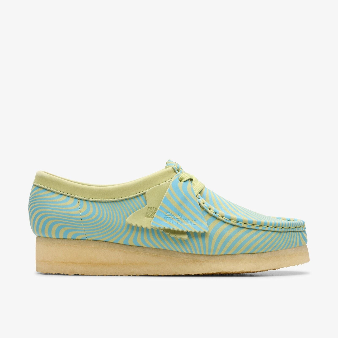 Close up of Clarks Women Wallabee Blue/Lime Print 26175834 shoes on pavement 